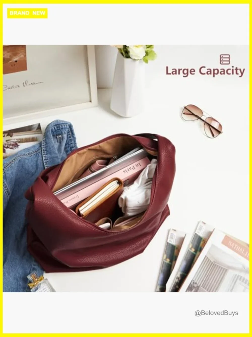 Large Capacity Vegan Leather Hobo Tote Bag with Zipper, Work Shoulder Bag for